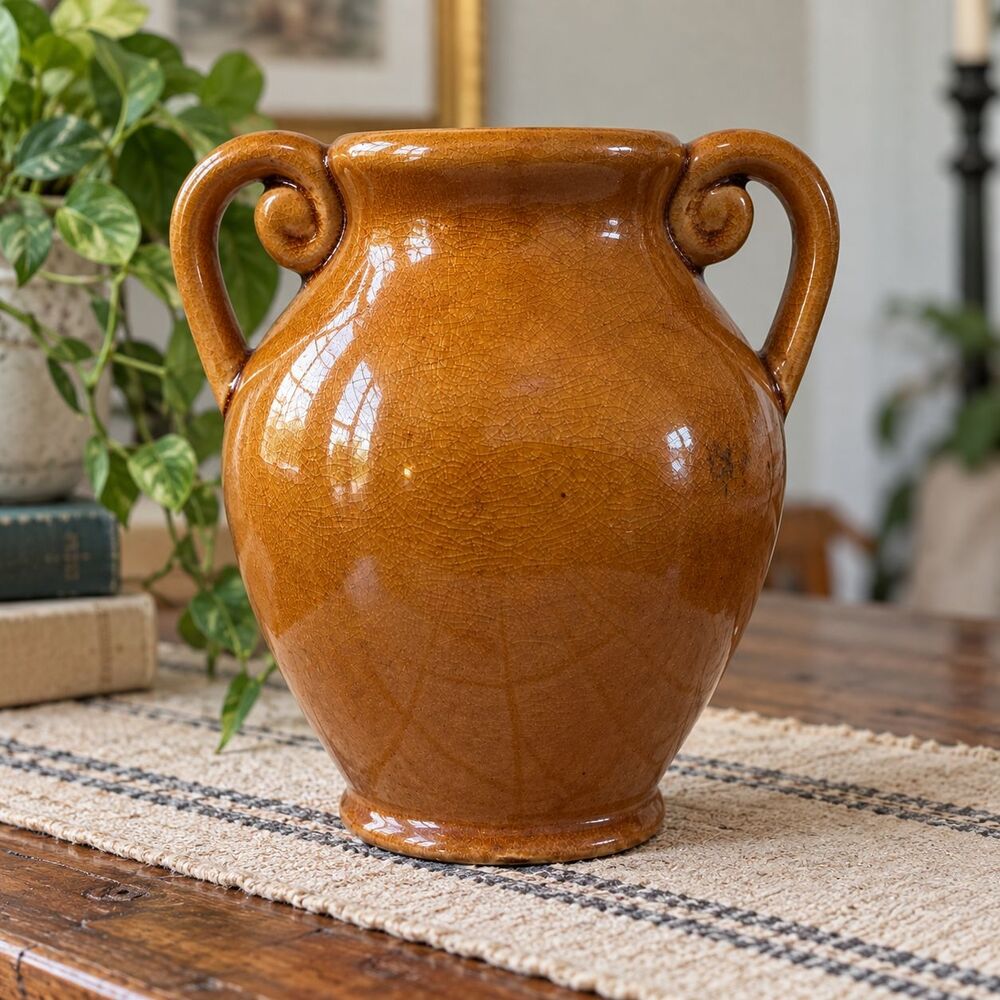 Vintage Brown Crackle Glaze Pottery Vase Urn Double Scroll Handles 7.75"